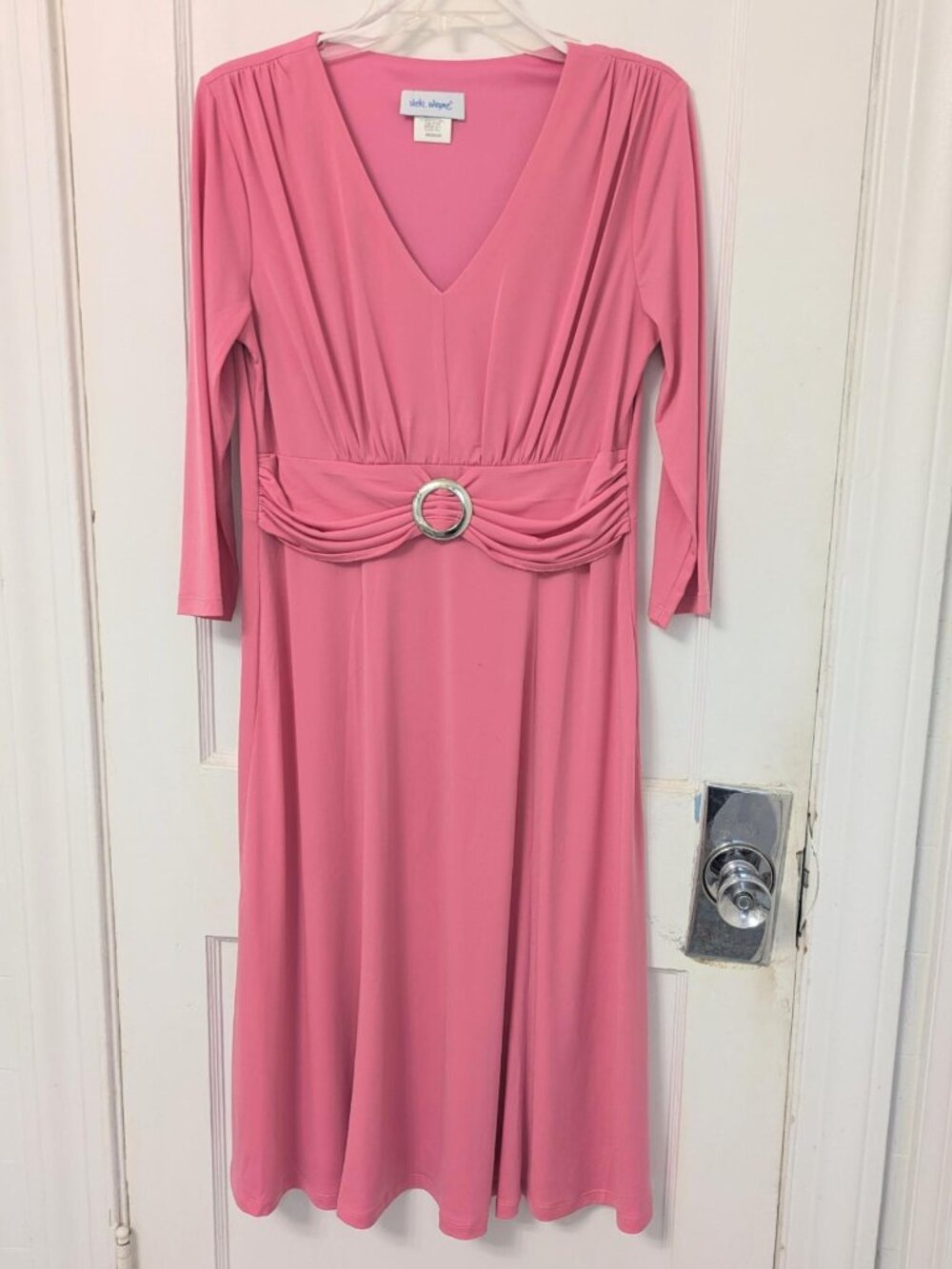 Vintage Vicki Wayne Pink Midi Dress with Silver Buckle Detail - M